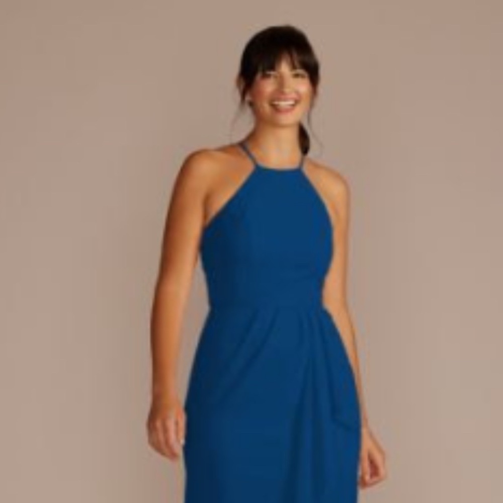 Sapphire Blue Halter Neck Women’s Chiffon Dress And Sheer Chiffon Wrap.